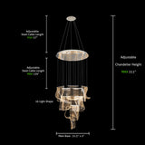 Technical diagram of chrome LED wave chandelier showing adjustable height, cable length, and panel dimensions