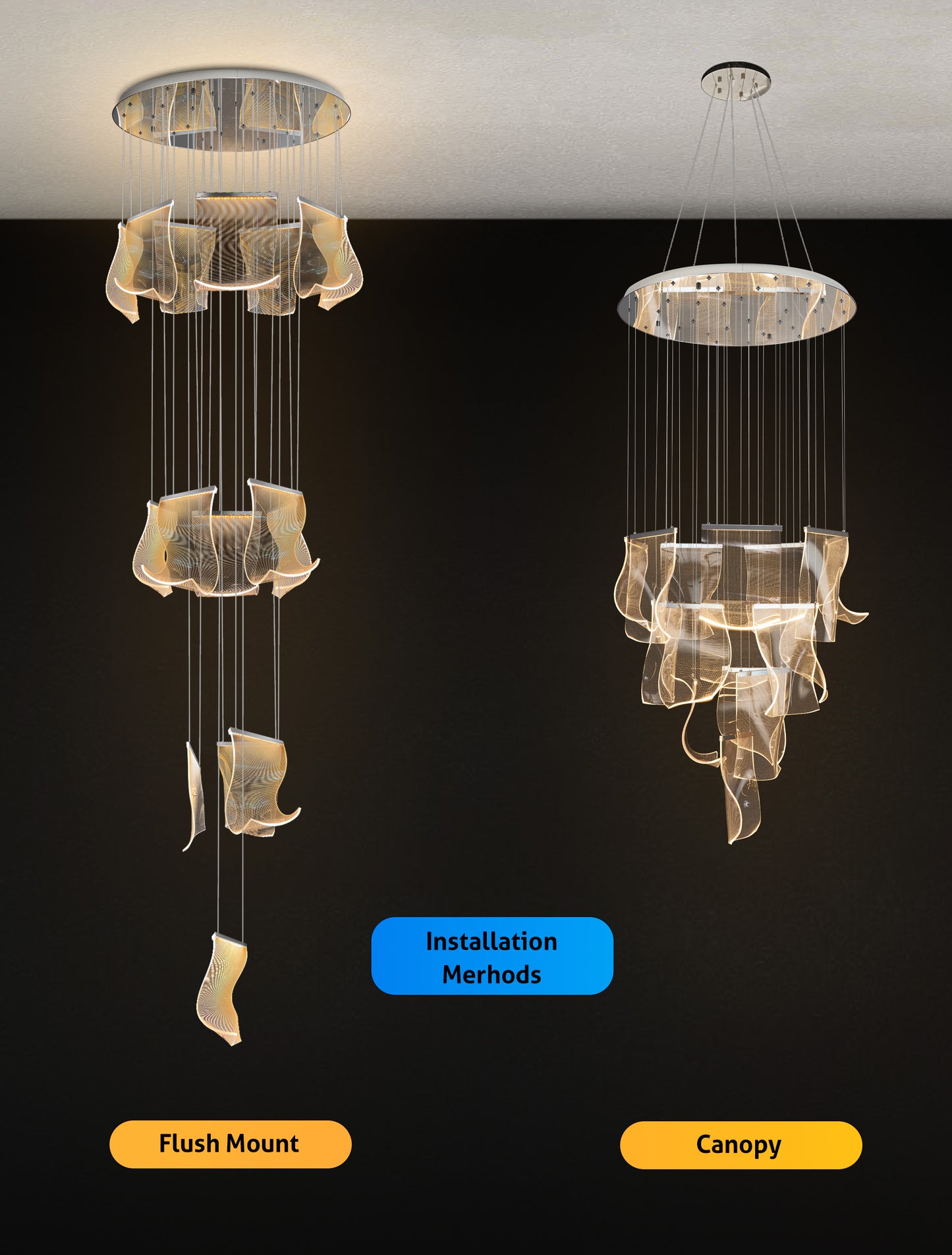 ide view showing the layered acrylic wave panels and cable suspension of the chrome LED chandelier.
