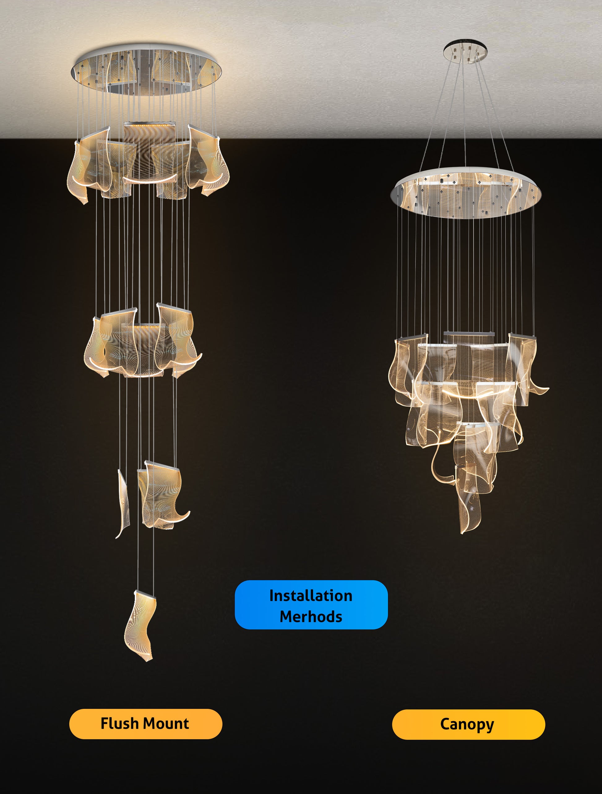 ide view showing the layered acrylic wave panels and cable suspension of the chrome LED chandelier.
