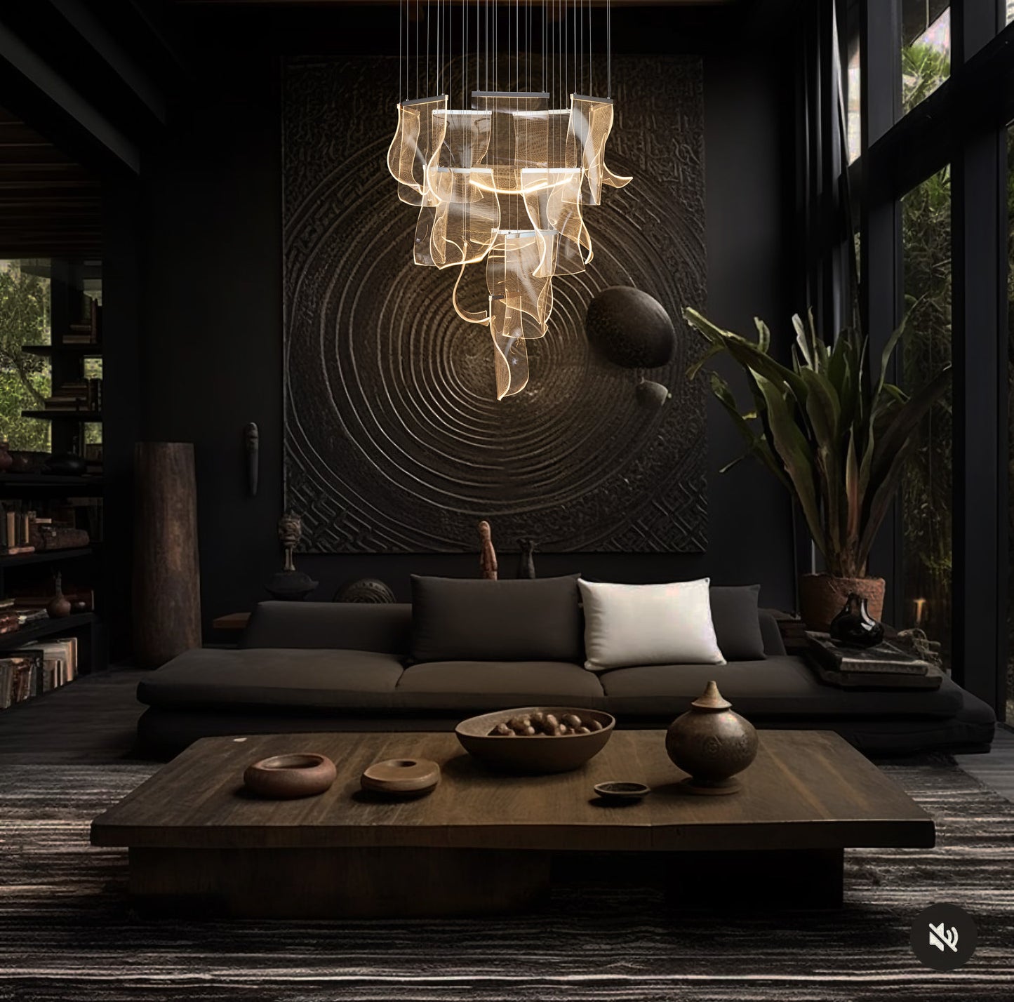 Chrome LED wave chandelier illuminating a sophisticated dark interior with cascading acrylic panels.