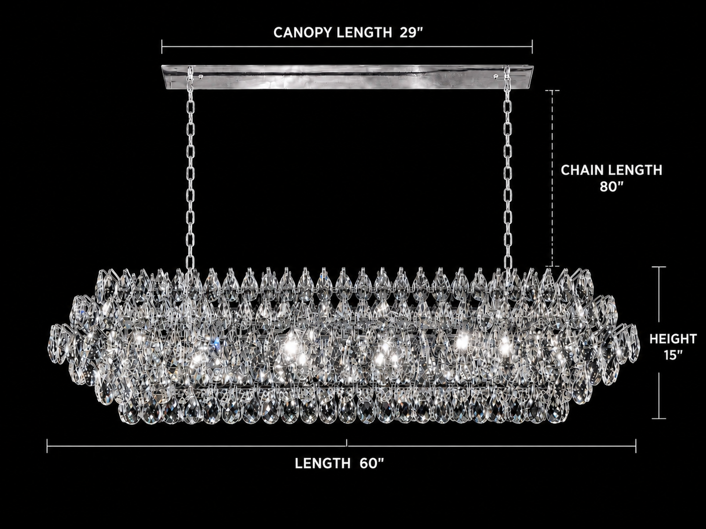A full view of the 60-inch champagne chrome linear teardrop crystal chandelier with white lines showing the body, chain, and canopy dimensions on a black background.