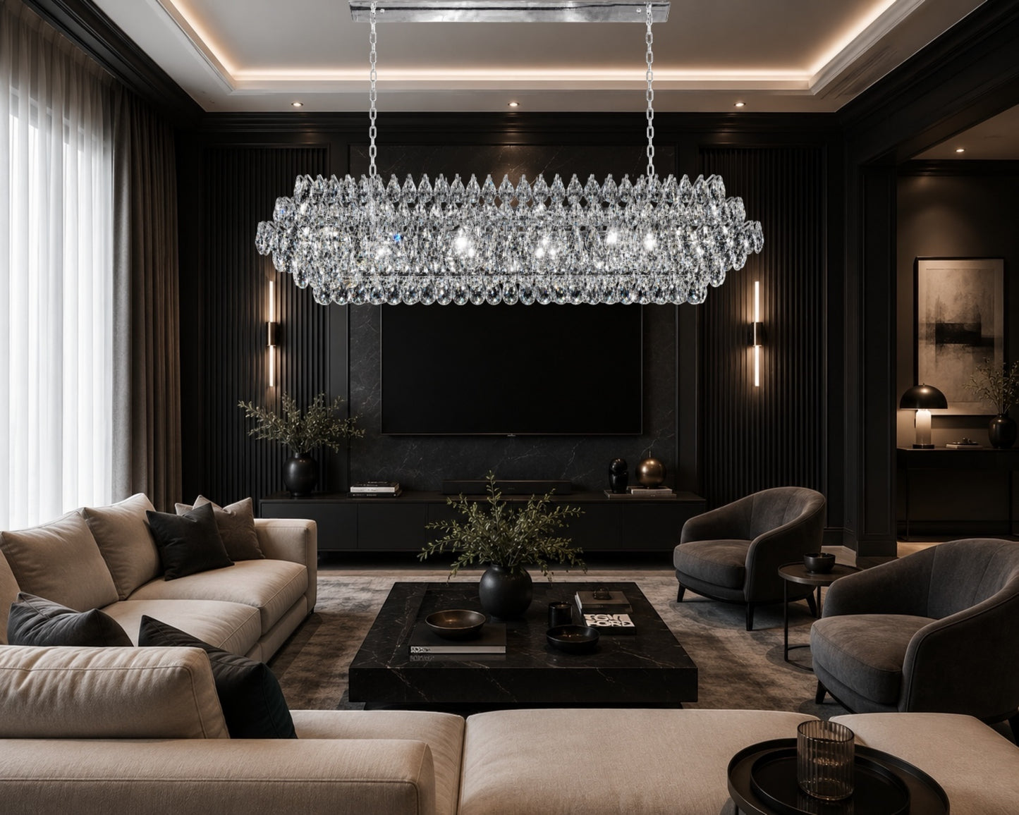 A magnificent linear crystal chandelier with a chrome frame lighting up a sophisticated luxury living room, positioned above a modern marble coffee table, plush neutral sofas.