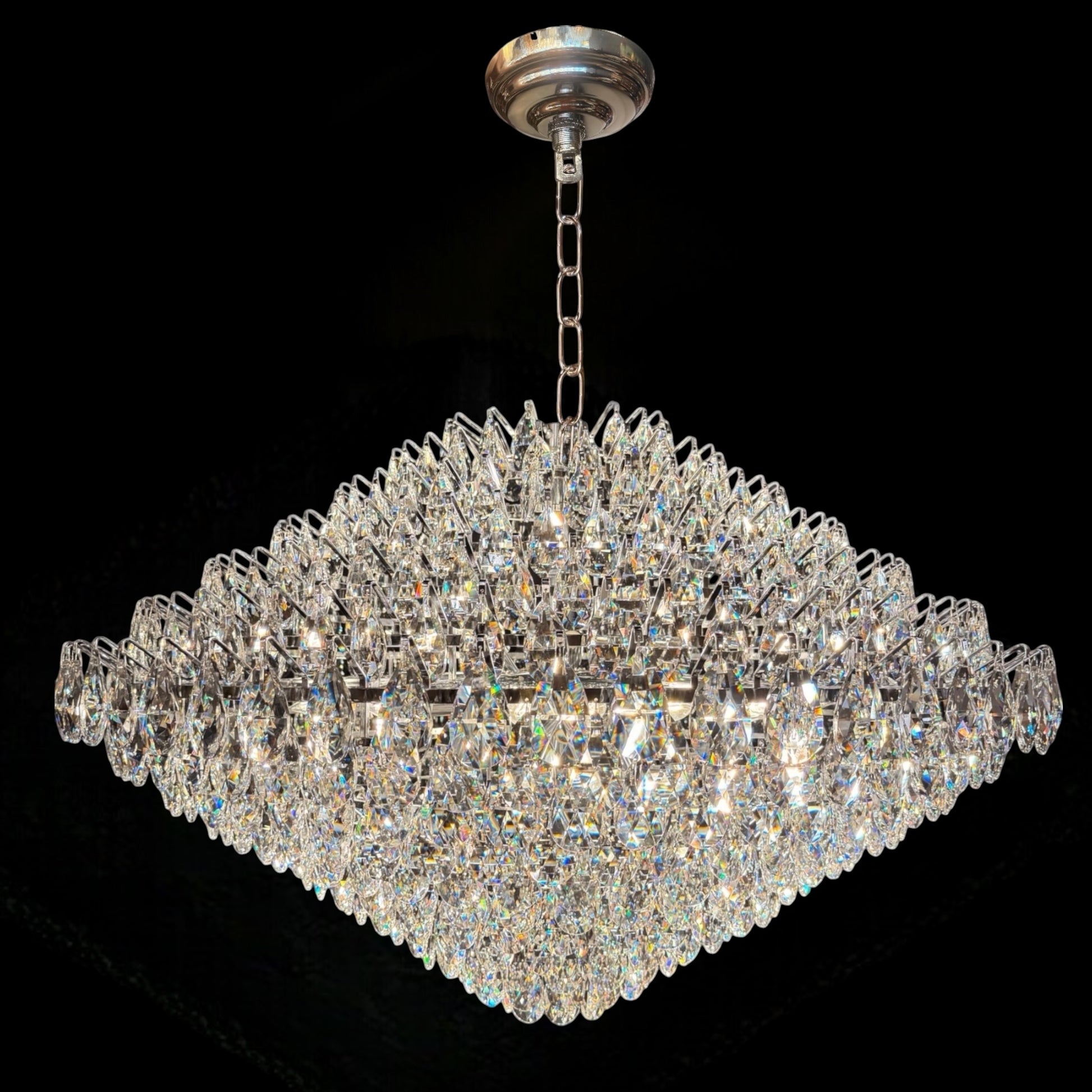 Front view of chrome crystal empire chandelier with elegant Tear drop Crystal.
