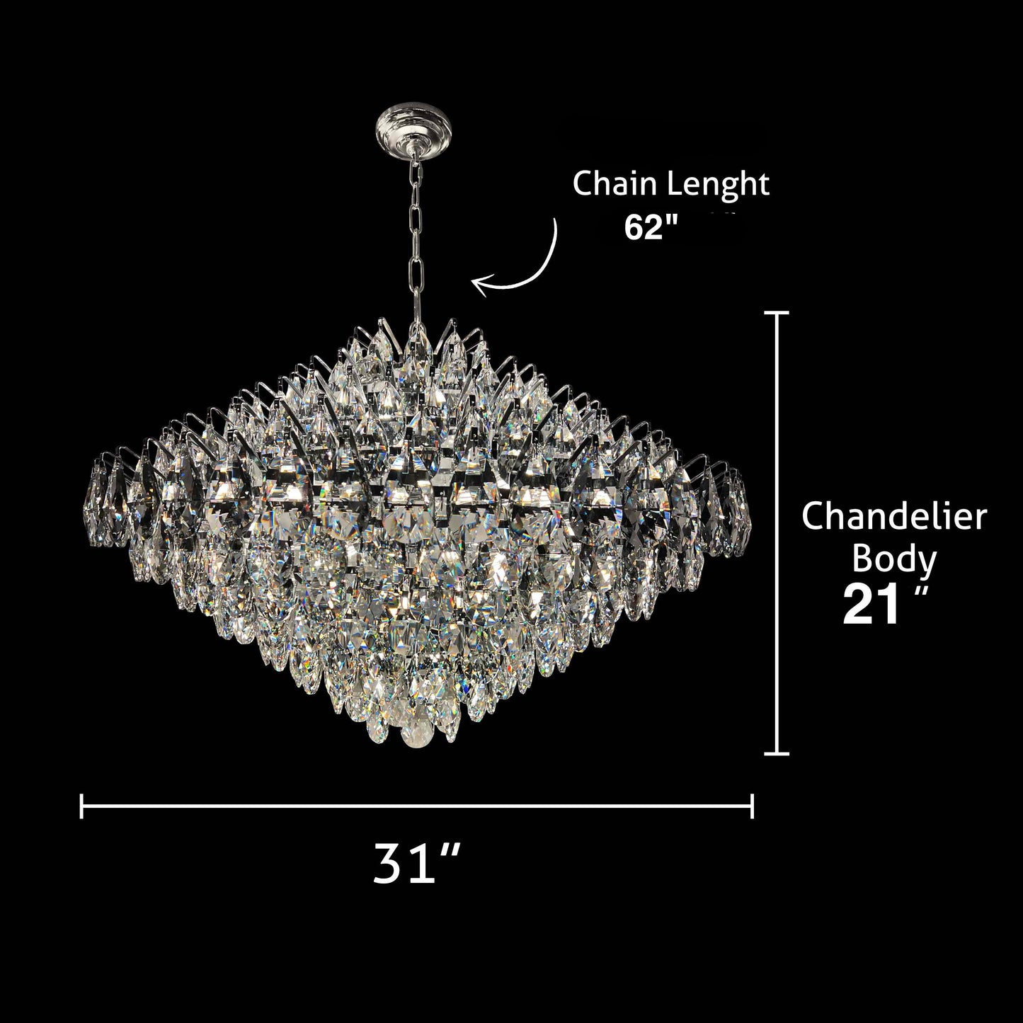 Chandelier with dimensions labeled on a black background