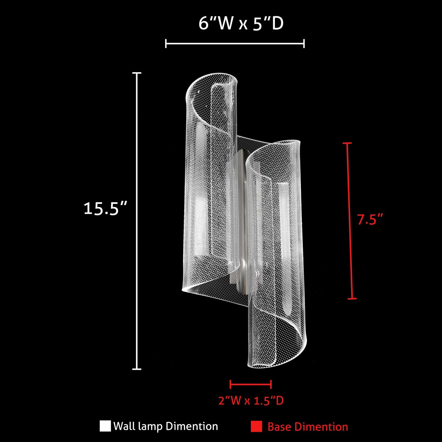 Dimensions diagram of curved acrylic LED wall sconce
