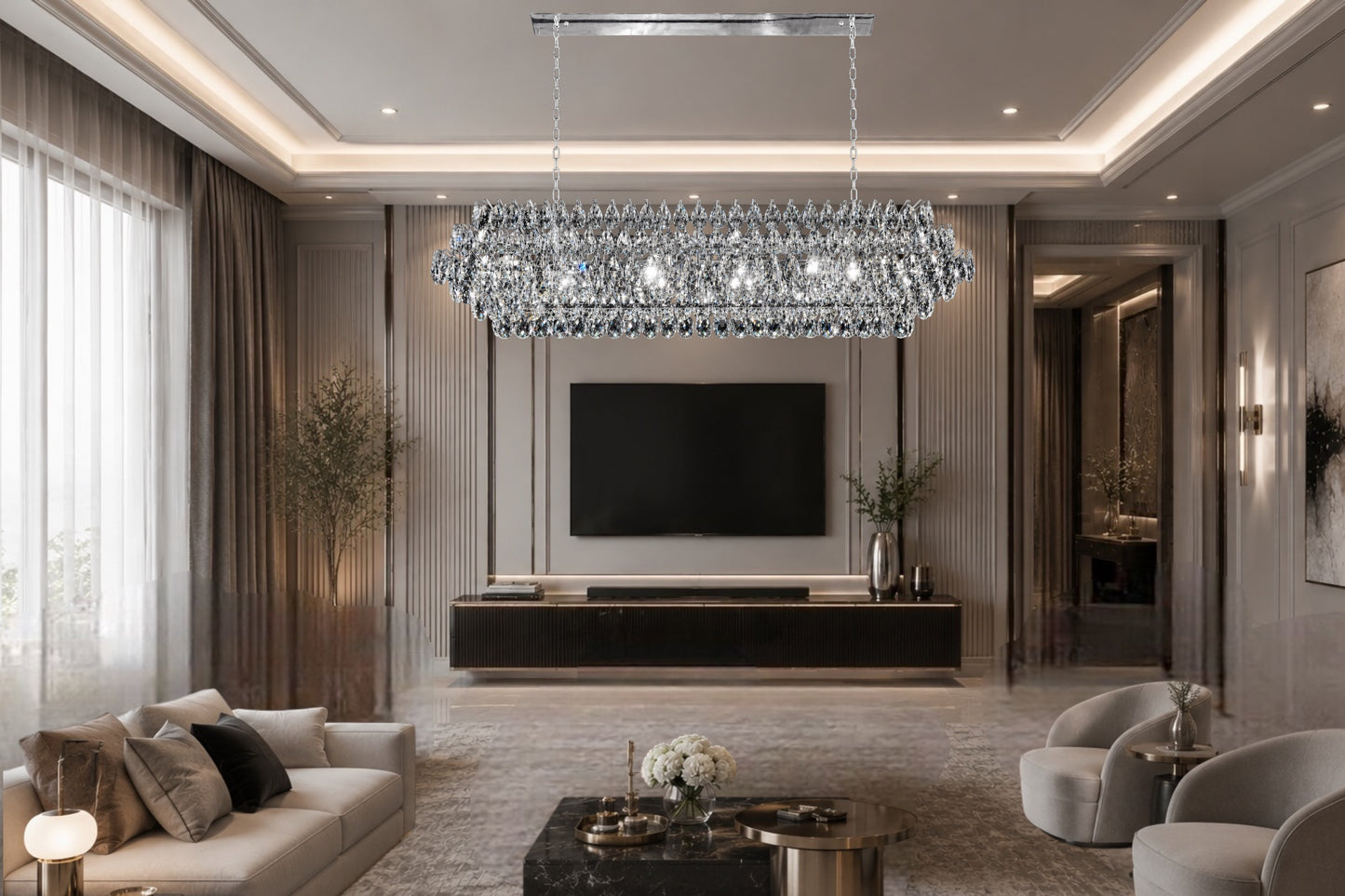 A magnificent linear crystal chandelier with a Chrome frame lighting up a sophisticated luxury living room,.