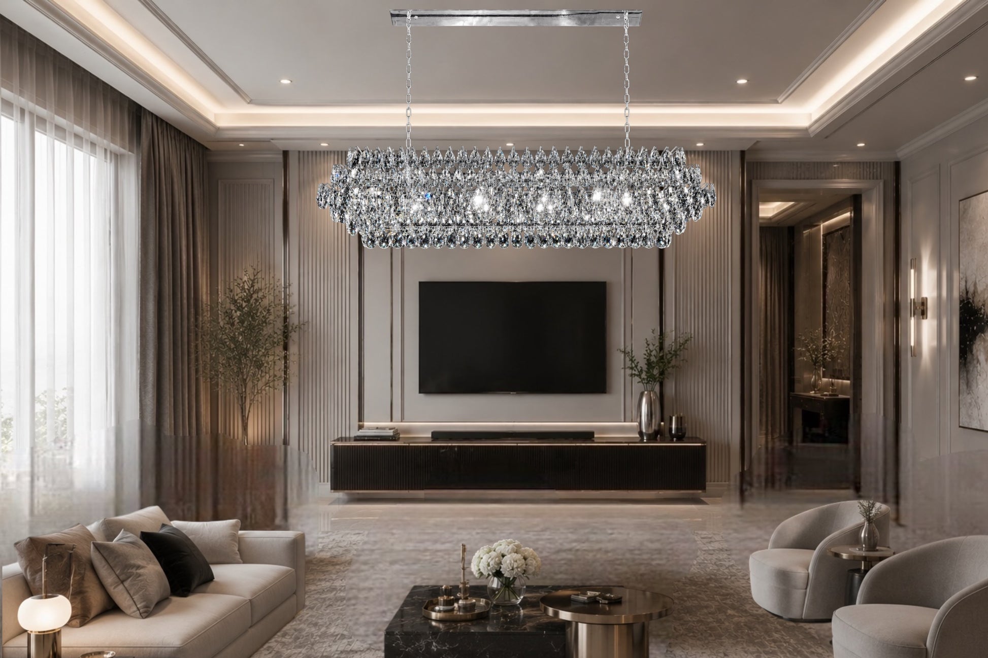 A magnificent linear crystal chandelier with a Chrome frame lighting up a sophisticated luxury living room,.