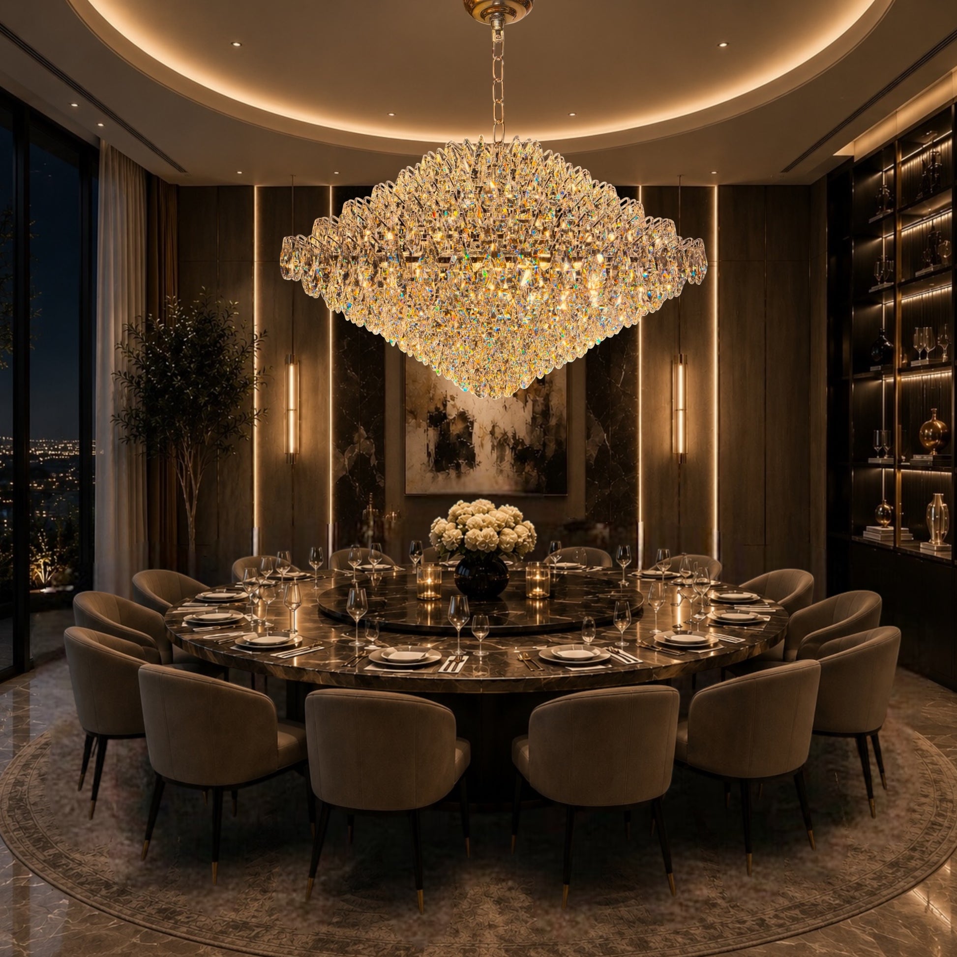 Luxurious dining room featuring a large diamond-shaped crystal chandelier hanging above a grand round dining table with modern velvet chairs.