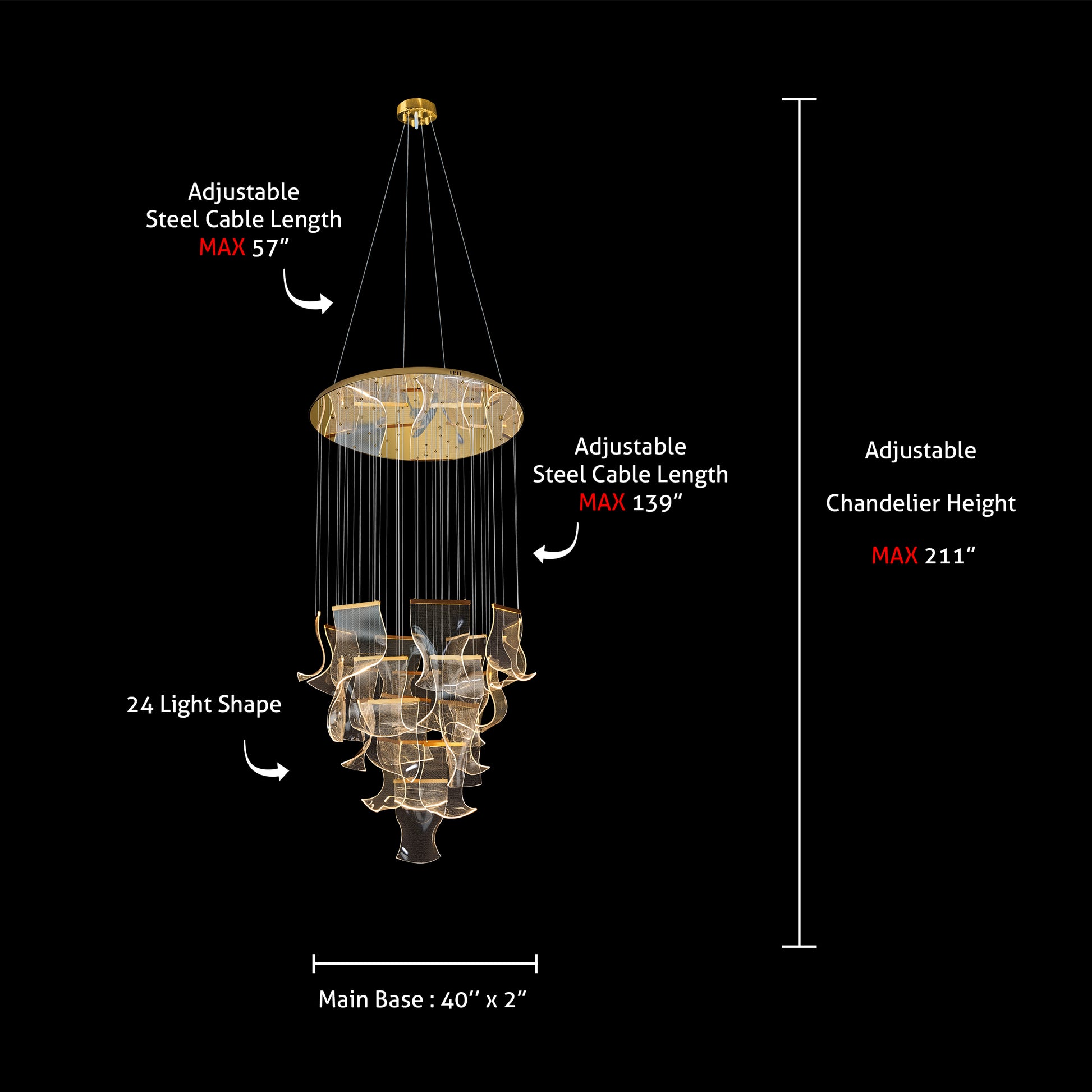 Dimension chart showing the height and adjustable cable lengths of the dimmable LED wave chandelier for modern interiors.