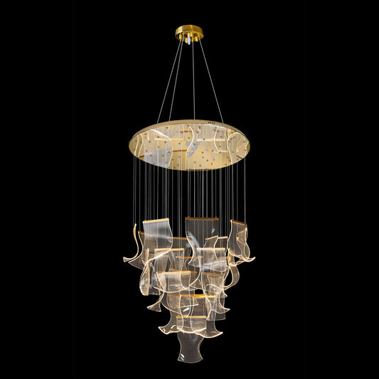 Front view of dimmable and adjustable LED wave panel chandelier featuring cascading acrylic panels and a modern gold  finish.