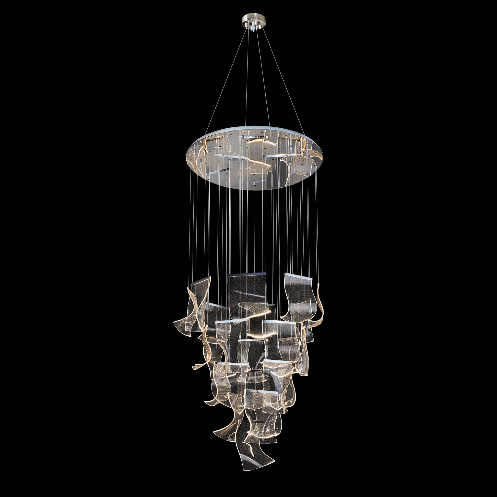 Front view of dimmable and adjustable LED wave panel chandelier featuring cascading acrylic panels and a modern chrome finish.
