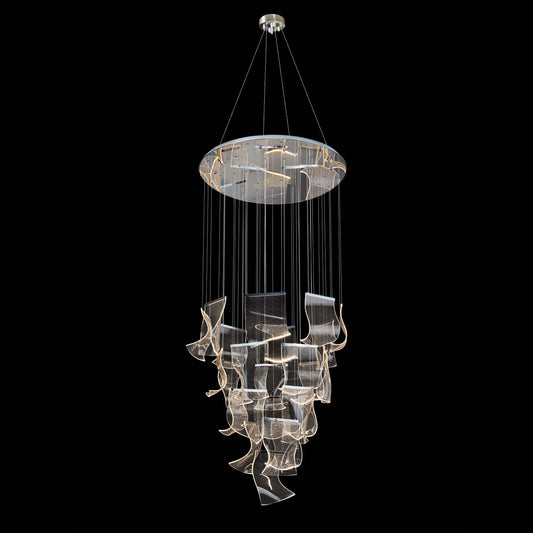 Front view of dimmable and adjustable LED wave panel chandelier featuring cascading acrylic panels and a modern chrome finish.
