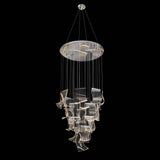 Front view of dimmable and adjustable LED wave panel chandelier featuring cascading acrylic panels and a modern chrome finish.
