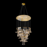 Front view of dimmable and adjustable LED wave panel chandelier featuring cascading acrylic panels and a modern gold  finish.