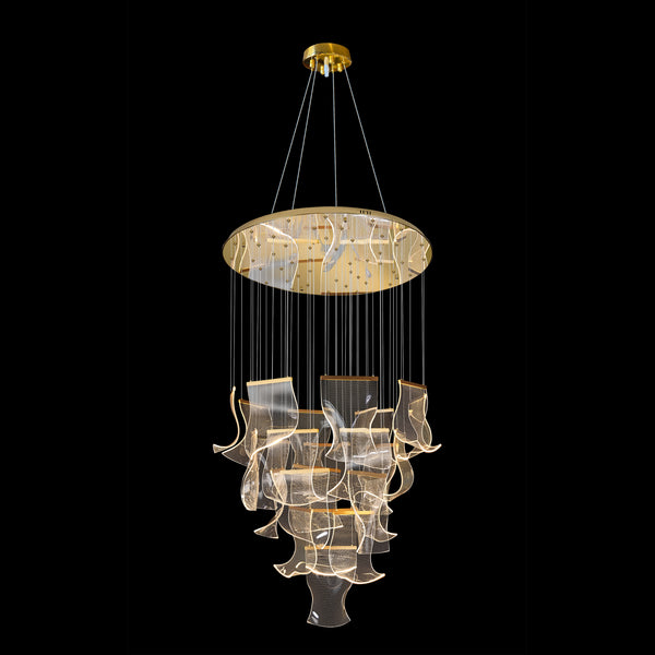 Front view of dimmable and adjustable LED wave panel chandelier featuring cascading acrylic panels and a modern gold  finish.