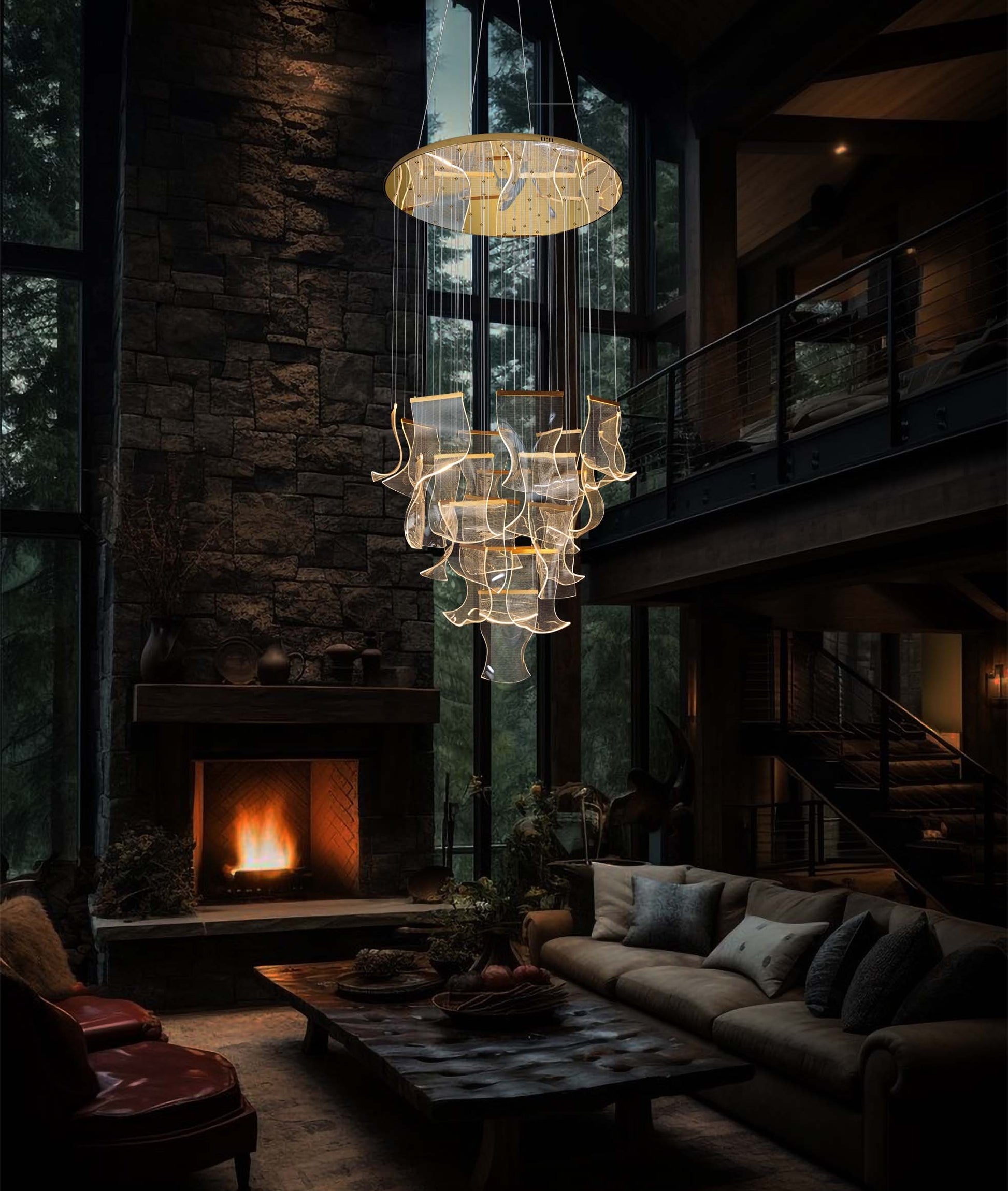 Gold dimmable LED wave chandelier illuminating a contemporary living room with adjustable hanging height and soft ambient light.
