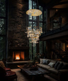 Gold dimmable LED wave chandelier illuminating a contemporary living room with adjustable hanging height and soft ambient light.
