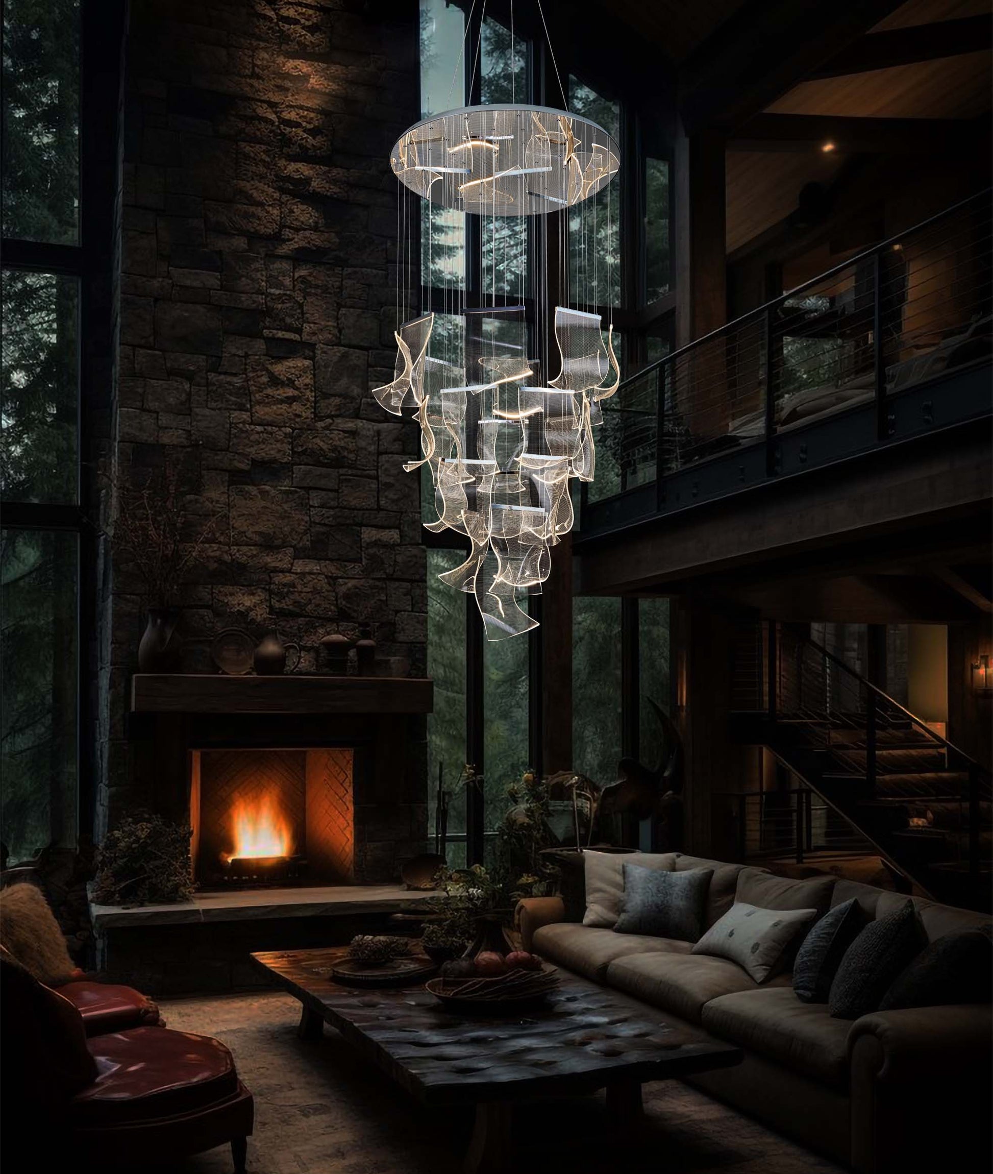  Dimmable LED wave chandelier illuminating a contemporary living room with adjustable hanging height and soft ambient light.
