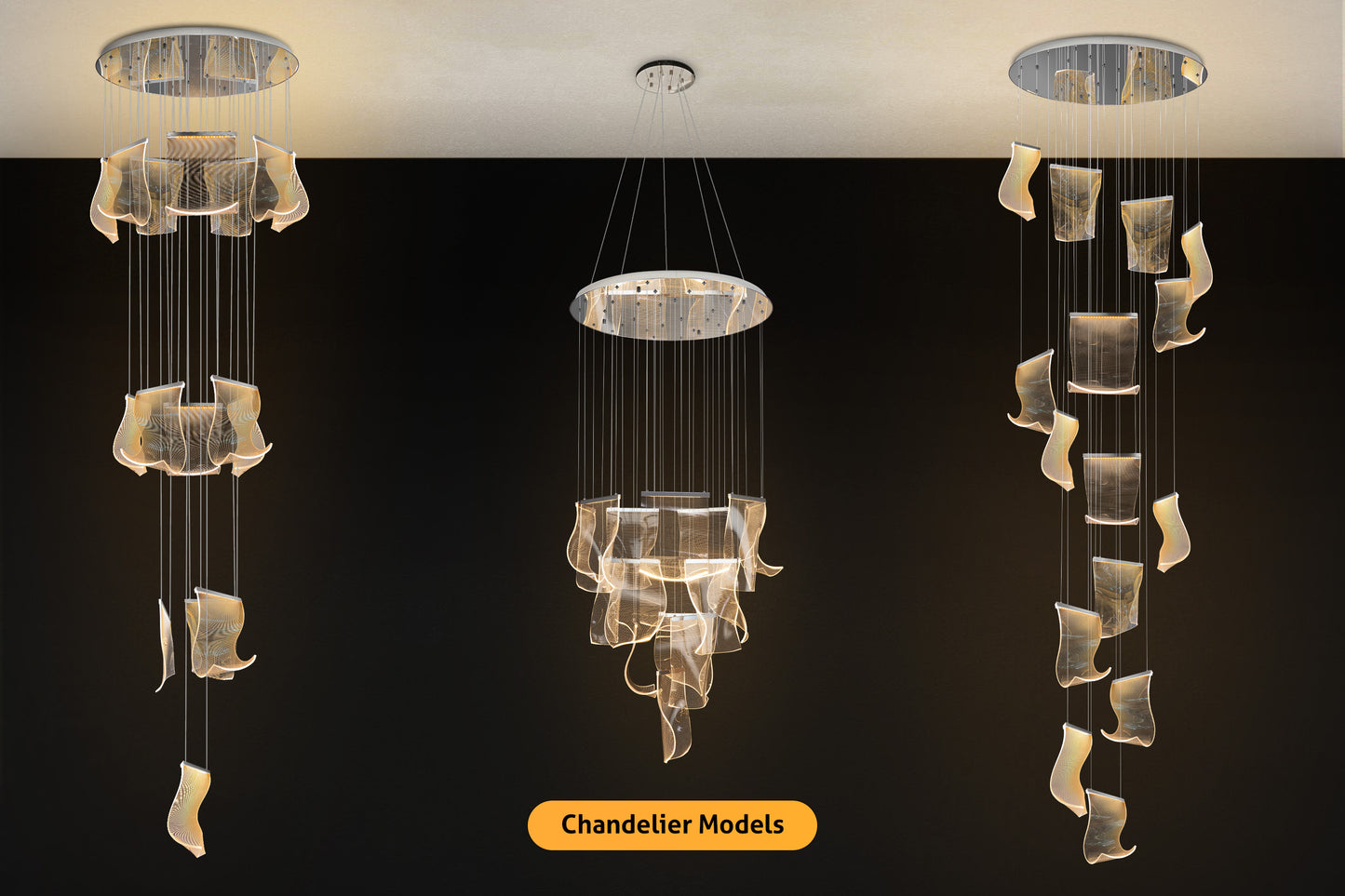 Chrome LED chandelier showing dual mounting options with canopy and flush mount configurations.