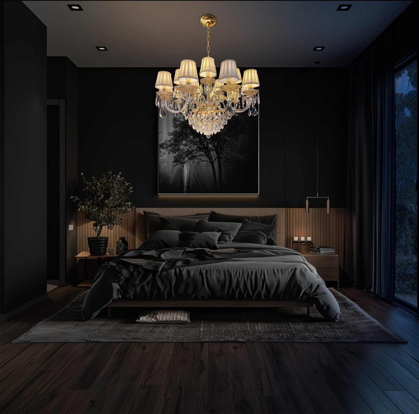 Italian-inspired gold chandelier with shimmering crystals and pleated shades for refined interiors.