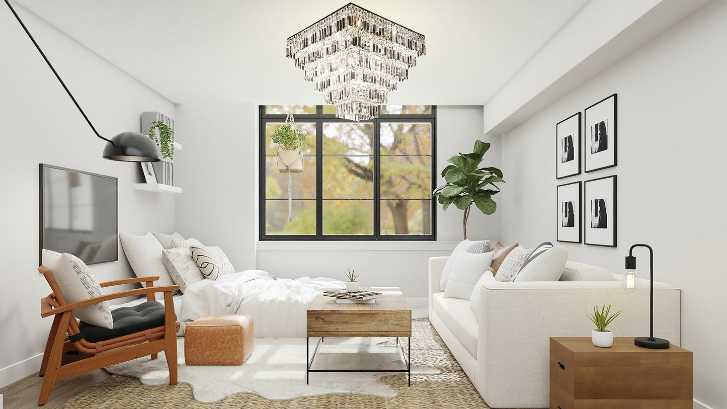 Flush mount Chrome crystal chandelier illuminating modern white living room interior