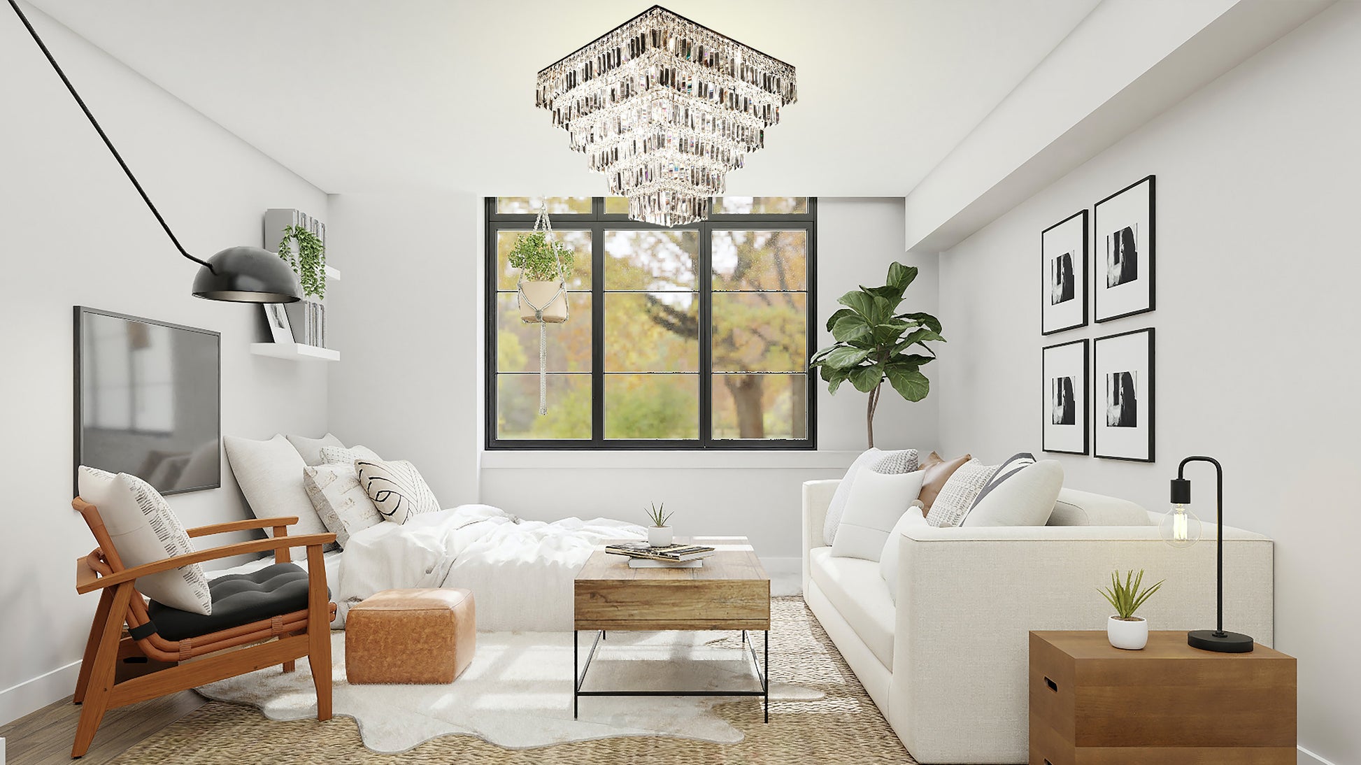 Flush mount Chrome crystal chandelier illuminating modern white living room interior