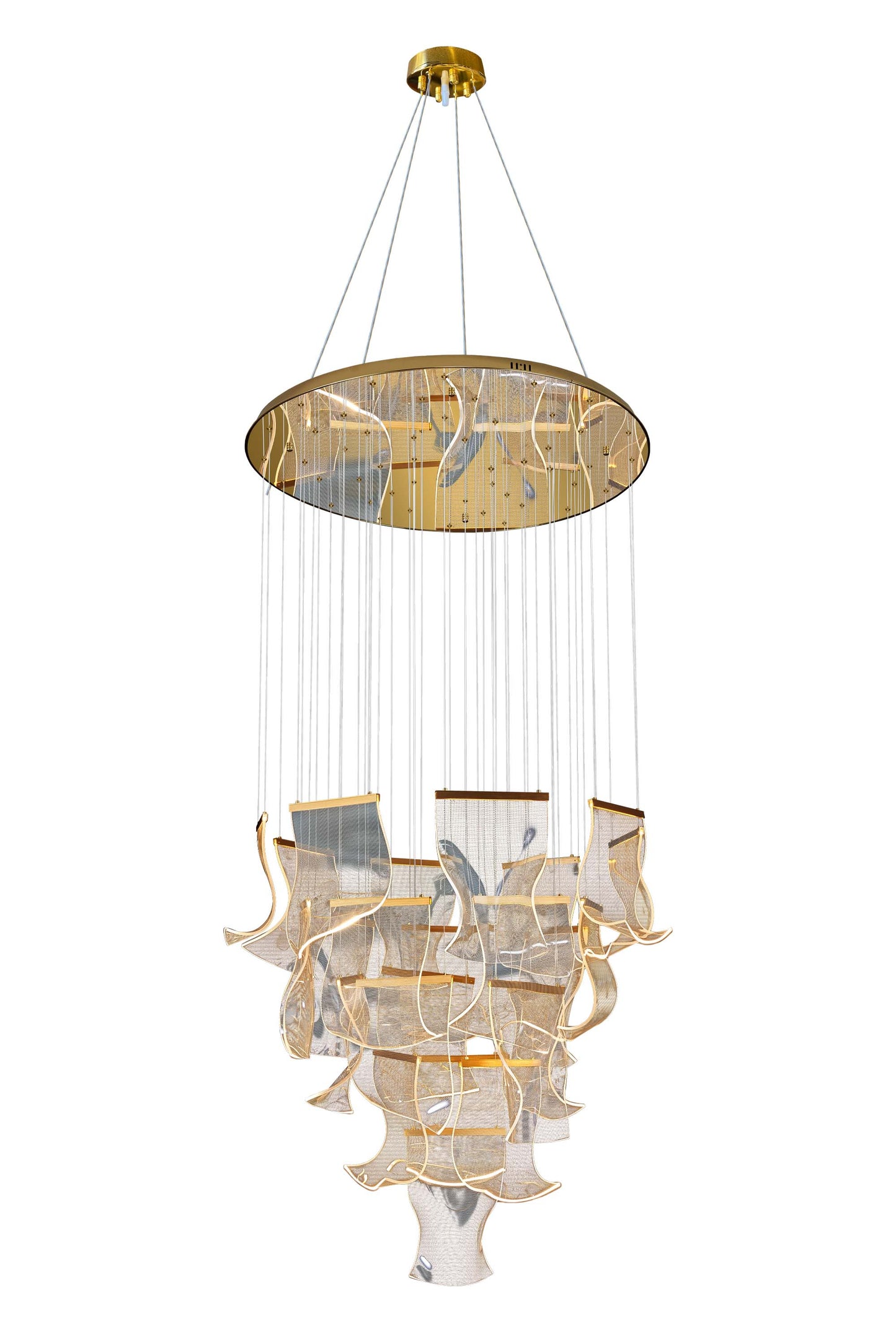 Full bottom view of cascading dimmable LED chandelier with adjustable height and modern gold canopy design