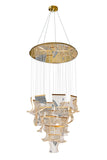 Full bottom view of cascading dimmable LED chandelier with adjustable height and modern gold canopy design