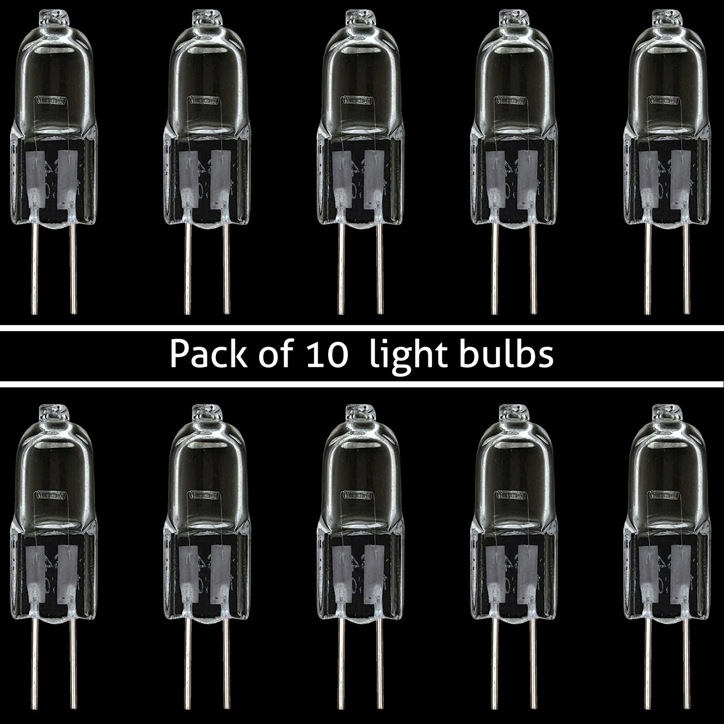 A pack of 10 clear G4 halogen light bulbs with a bi-pin base, labeled as 20W, 110V, dimmable, and 2700K warm white.