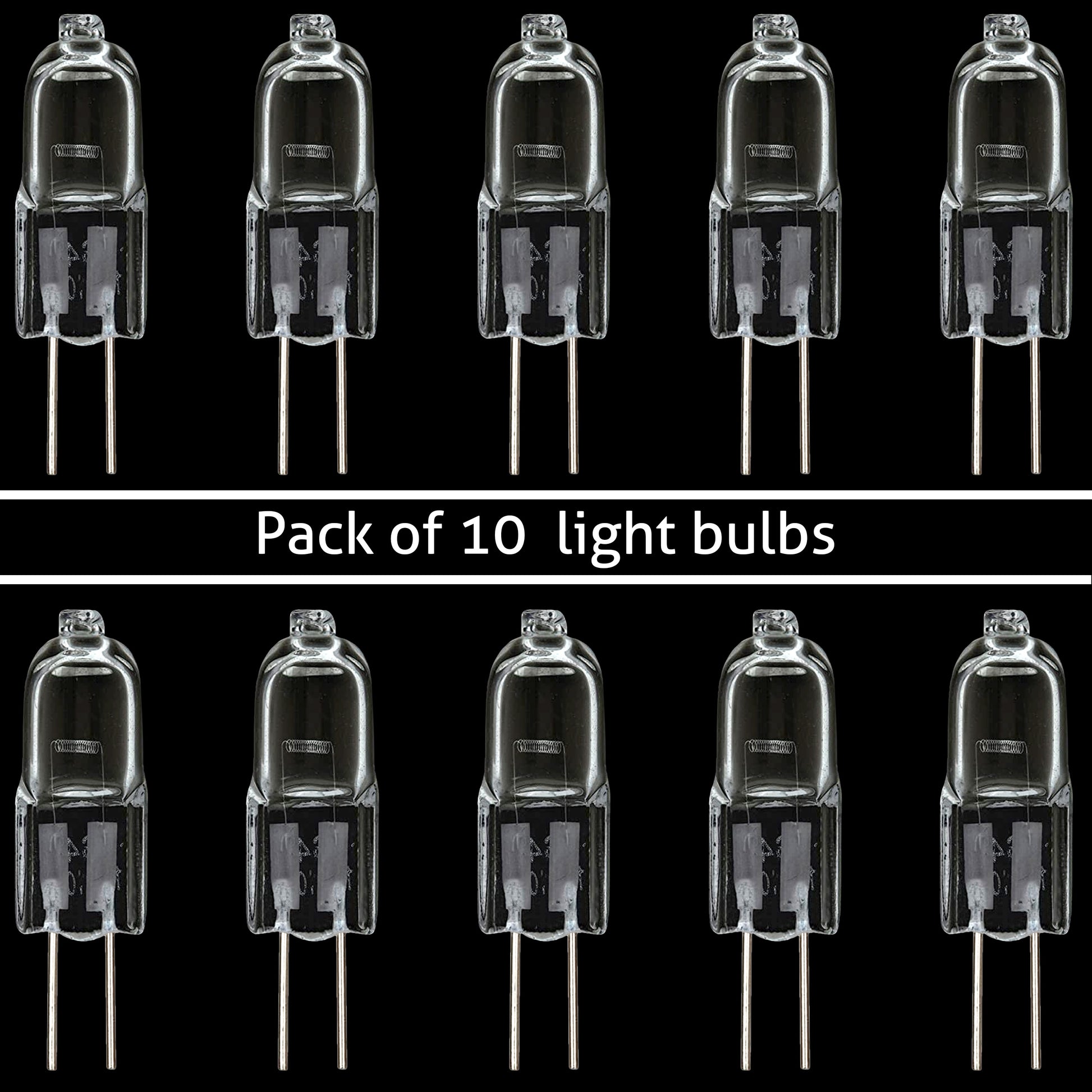 A pack of 10 clear G4 halogen light bulbs with a bi-pin base, labeled as 20W, 110V, dimmable, and 2700K warm white.