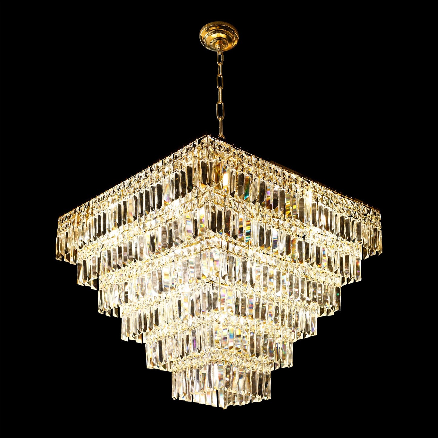 A luxurious 6-tier gold crystal chandelier with a stainless steel frame and clear hanging crystals, designed for elegant indoor lighting.
