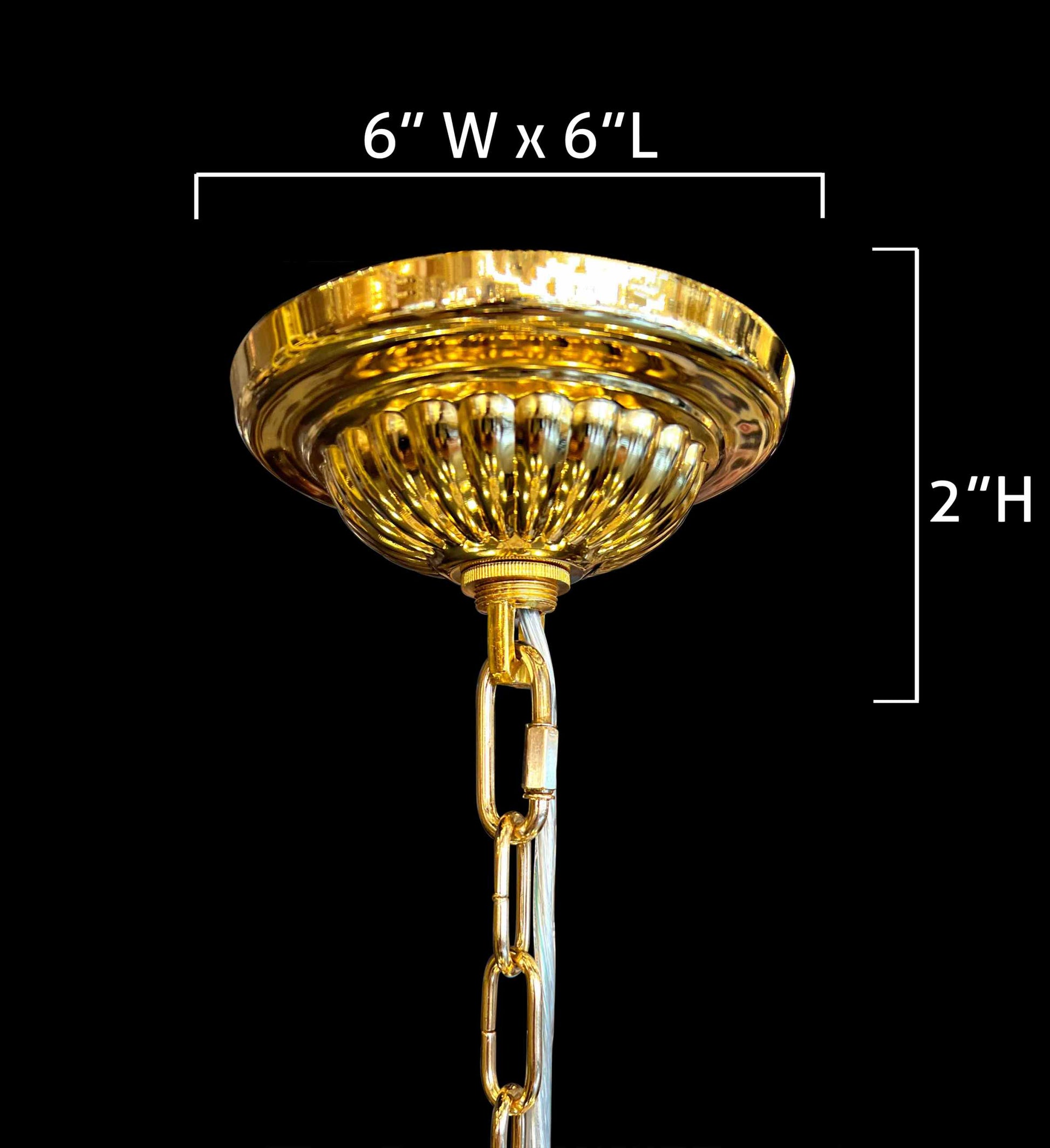 Close-up view of a gold chandelier canopy with adjustable hanging chain and measurements 6”W x 6”L x 2”H, showcasing fine ceiling mount detailing.