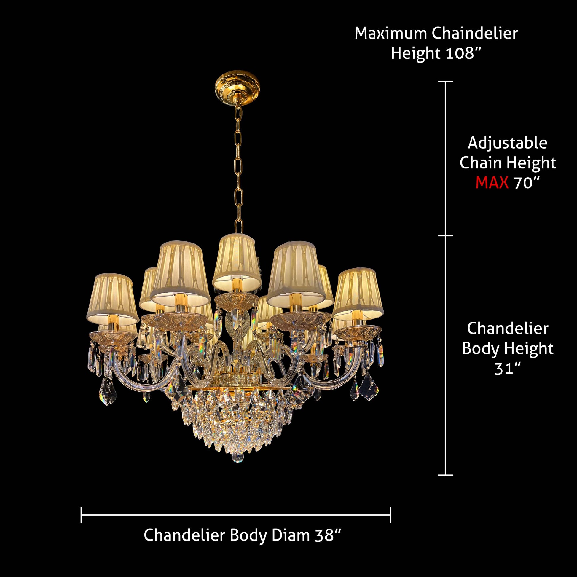 Dimensional diagram showing adjustable chain and canopy size for luxury gold crystal chandelier