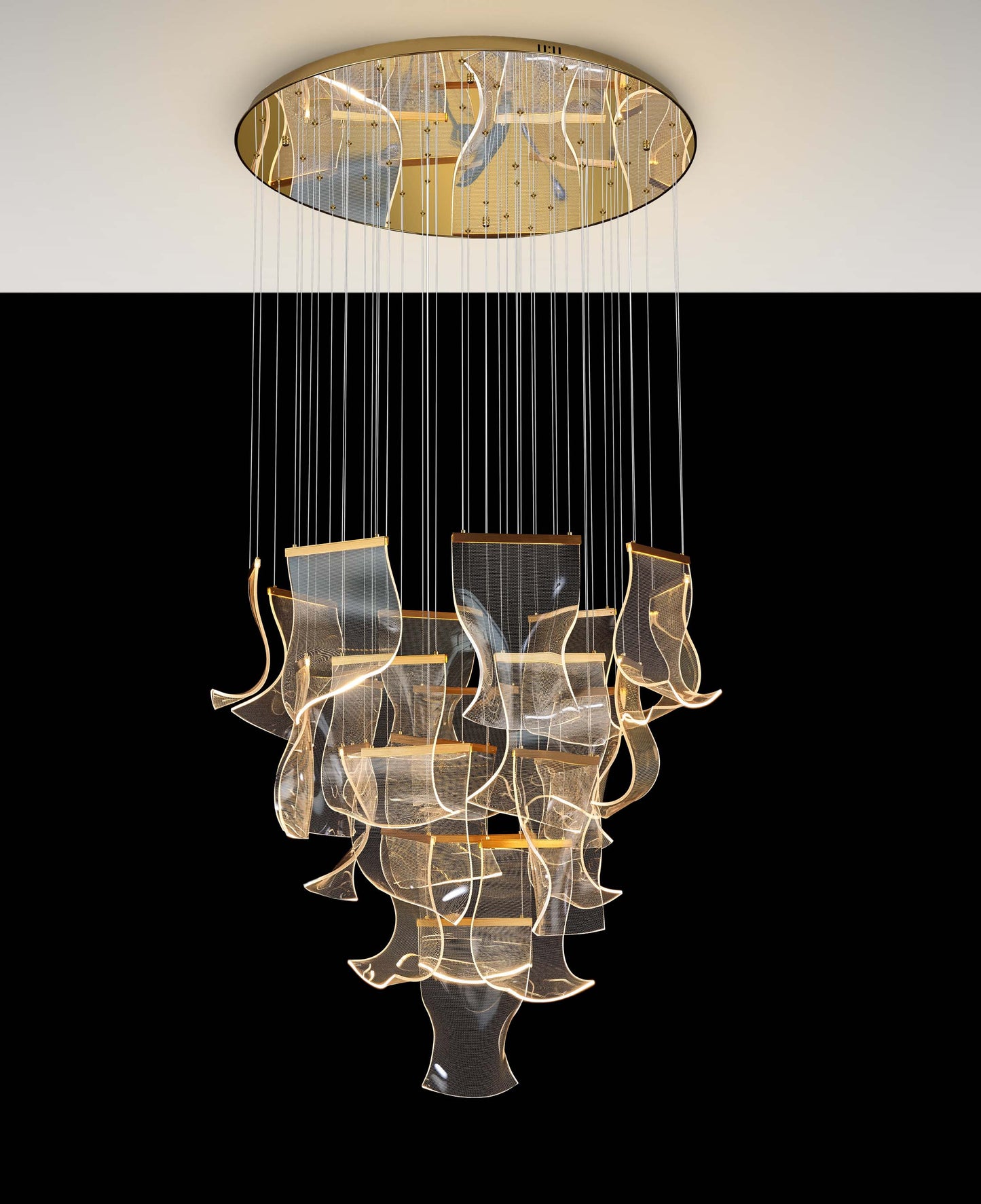 Close-up detail of dimmable LED chandelier featuring layered acrylic wave panels and adjustable hanging cables.