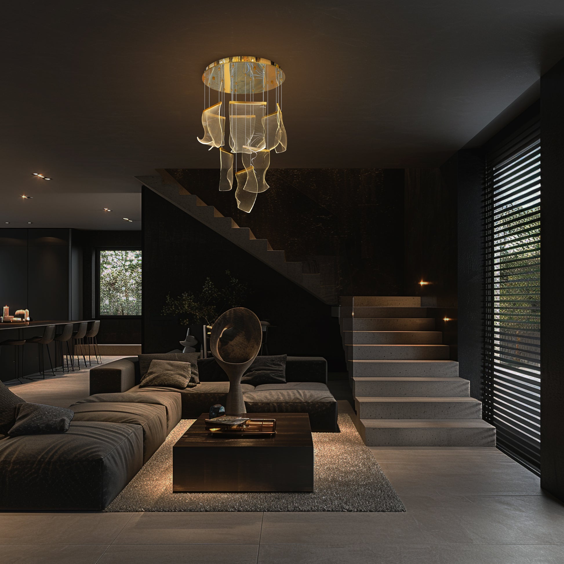 gold LED chandelier in luxury living room interior