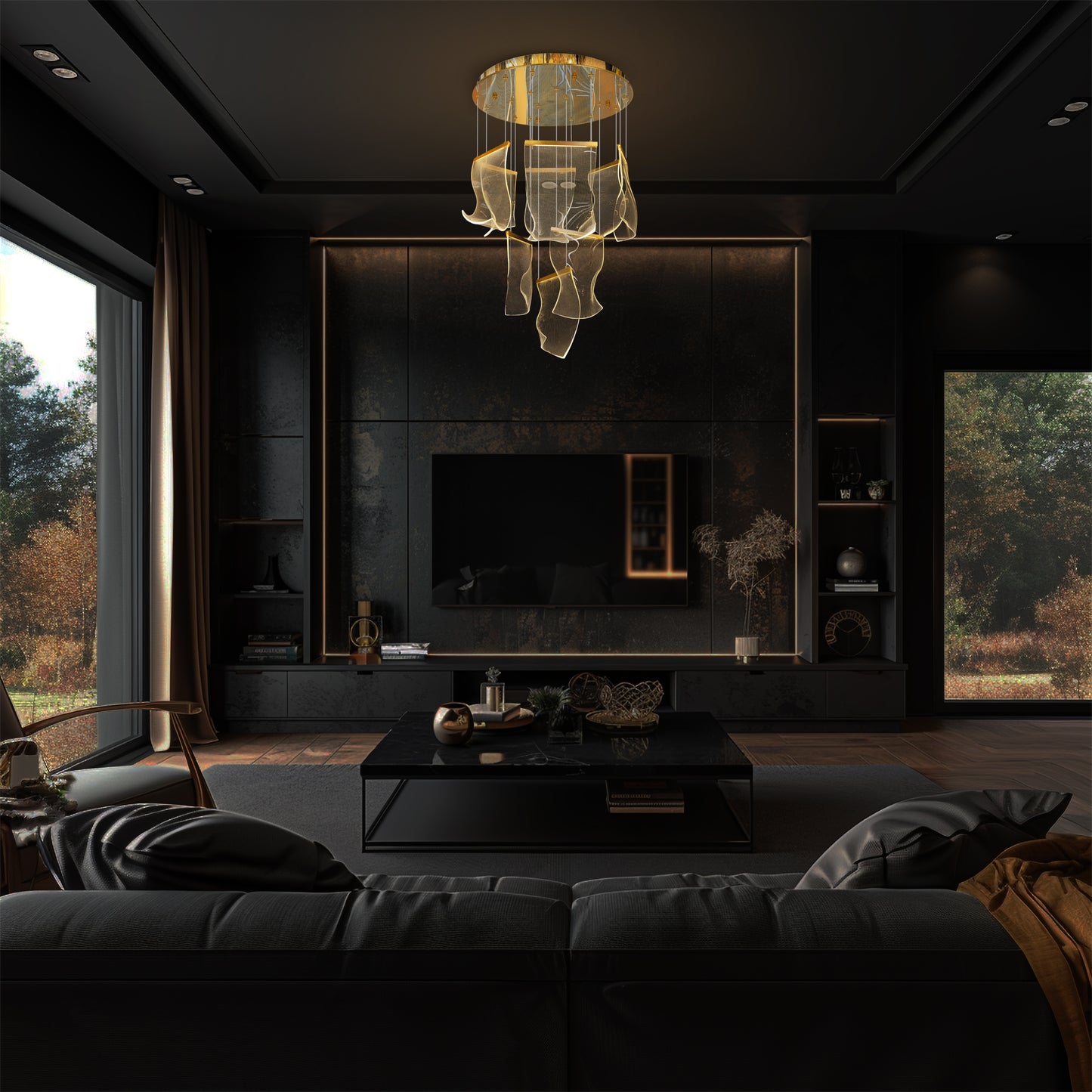 Gold LED chandelier installed above modern living room 