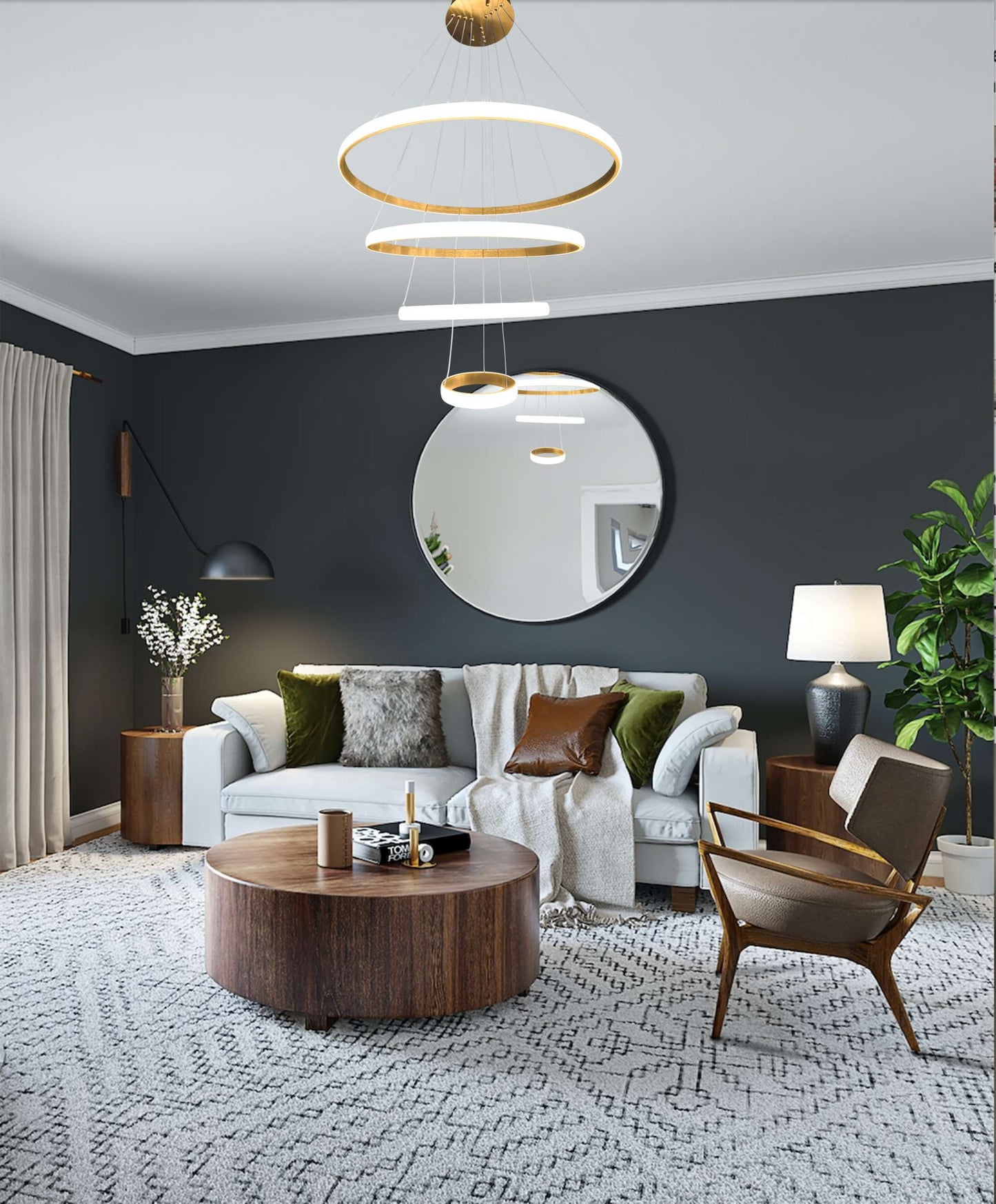 Contemporary multi-ring LED gold chandelier illuminating modern interior