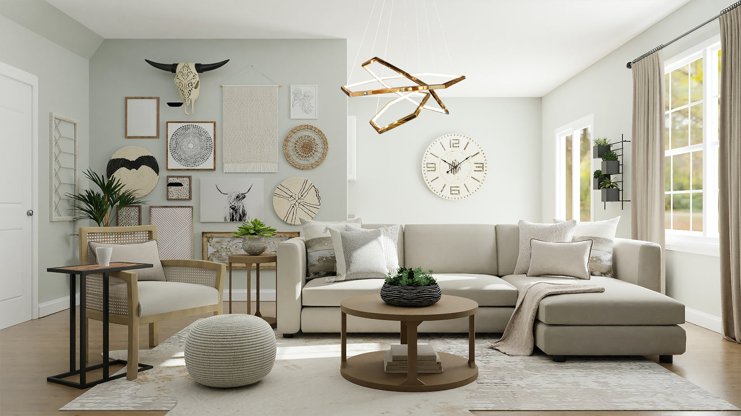 Geometric gold  LED chandelier lighting a bright living space