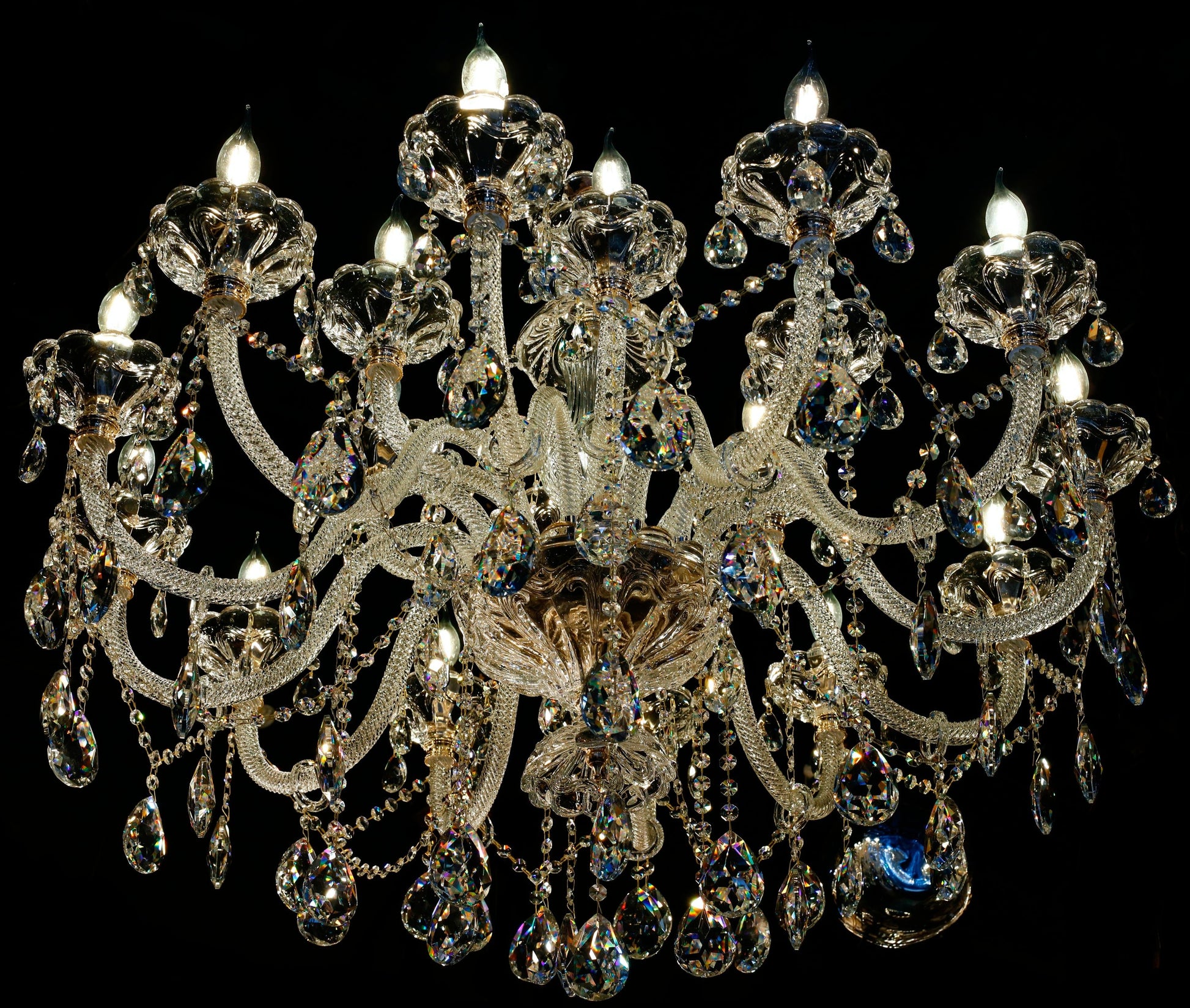 Vintage crystal gold chandelier center with faceted lead-crystal details