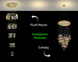 Installation methods showing flush mount and canopy options for the adjustable dimmable LED wave chandelier.