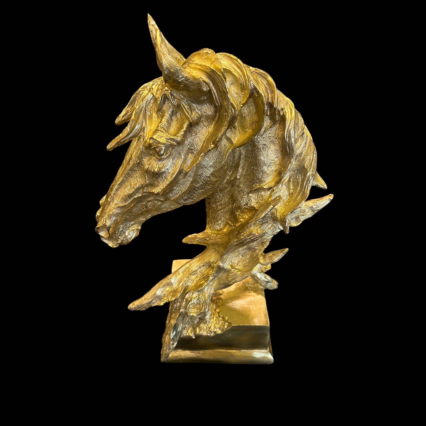 Luxury Italian handcrafted solid brass horse head sculpture with a polished gold finish, displaying elegant equestrian artistry.