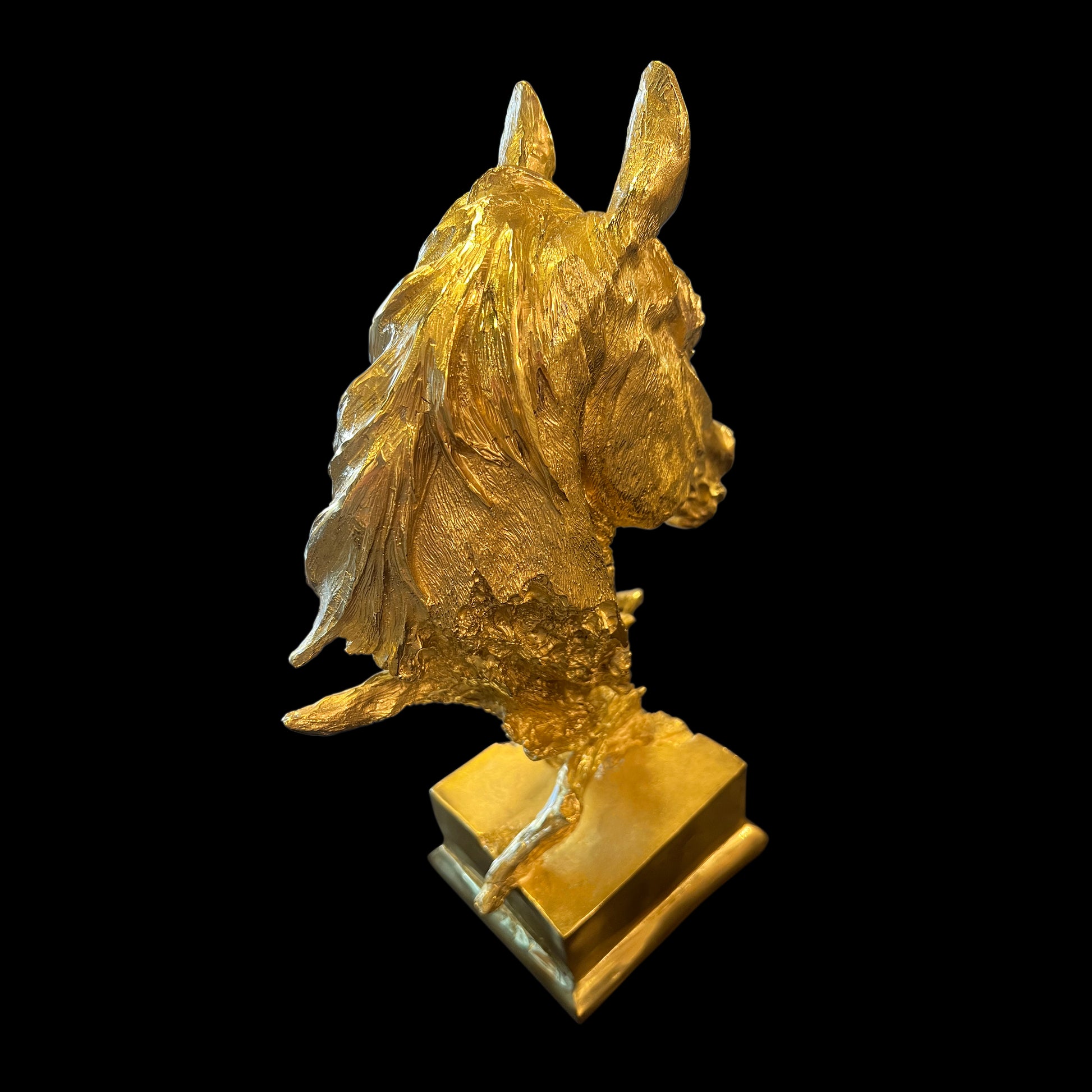 Luxury Italian handcrafted solid brass horse head sculpture with gold brass finish.