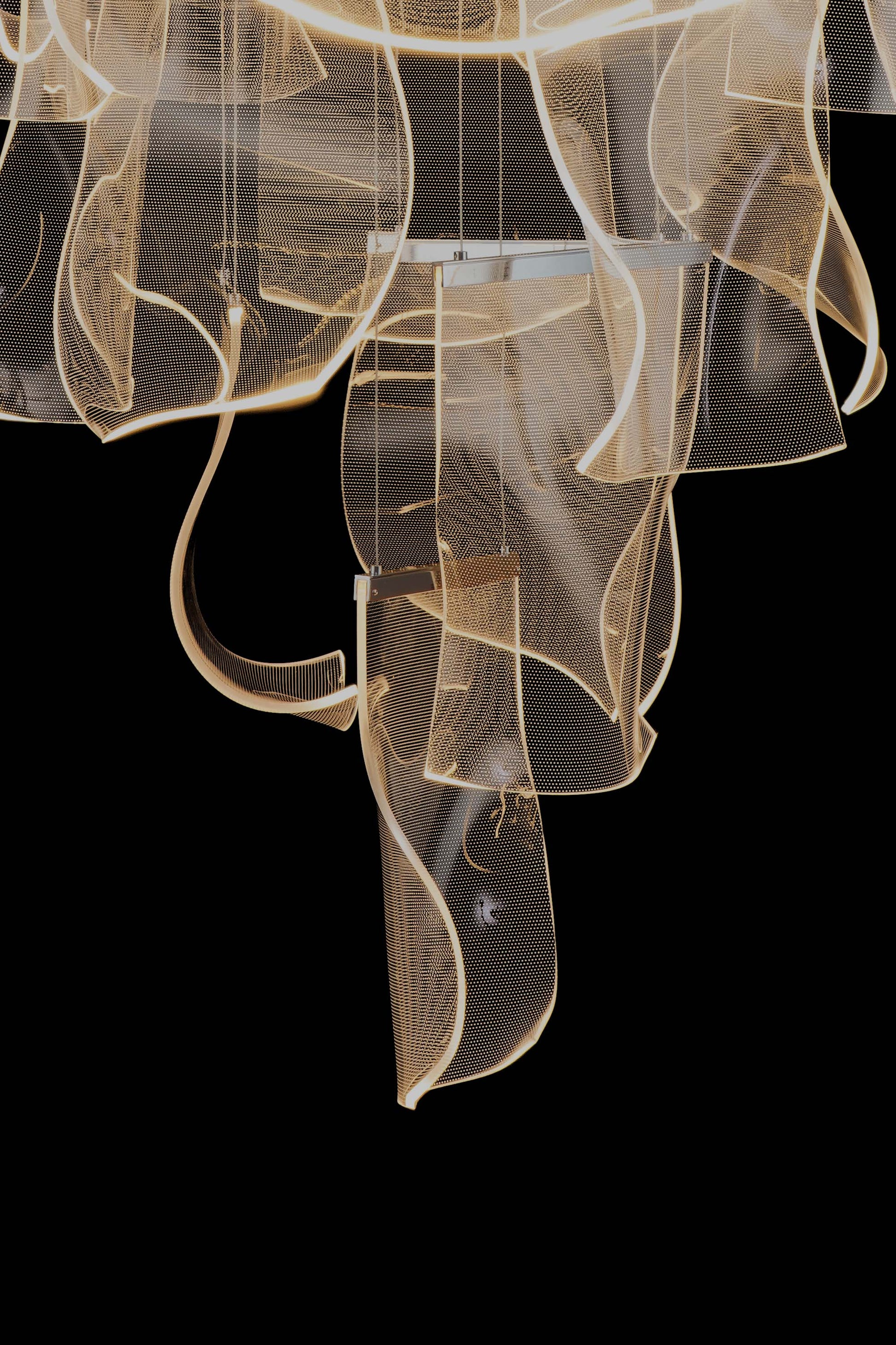 Layered wave LED chandelier with adjustable suspension cables and dimmable light, ideal for modern luxury interiors.