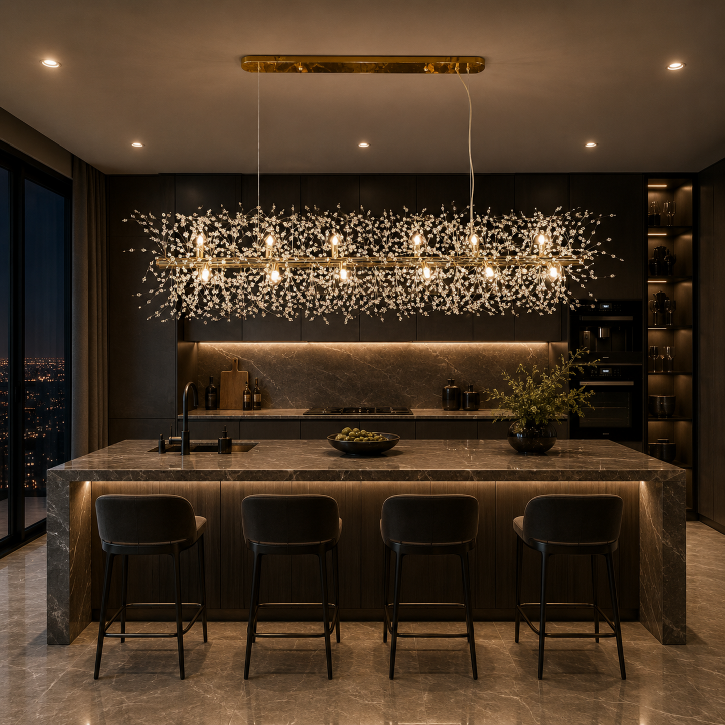 Modern kitchen with marble island and pendant light fixture