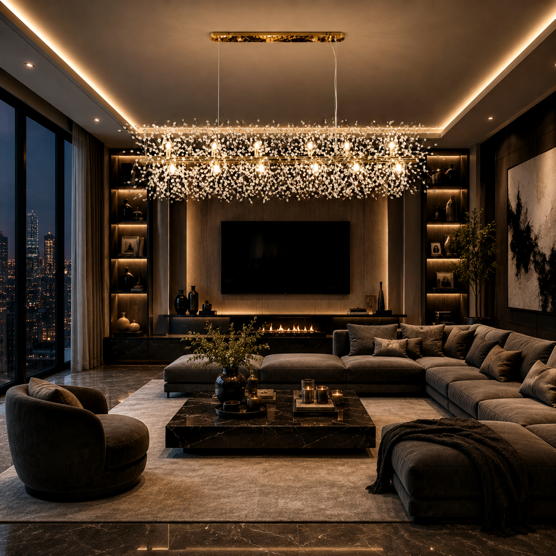 Modern living room with a large sectional sofa, coffee table, and decorative lighting.