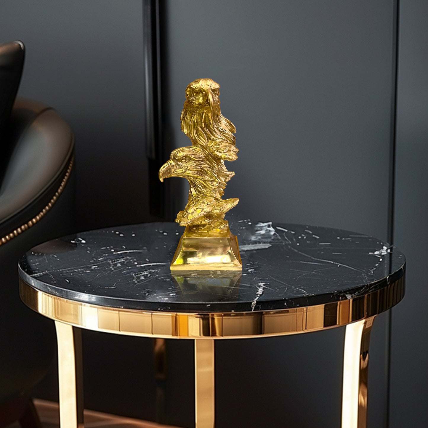 Luxury solid brass eagle sculpture displayed on a marble table as a high-end decorative accent