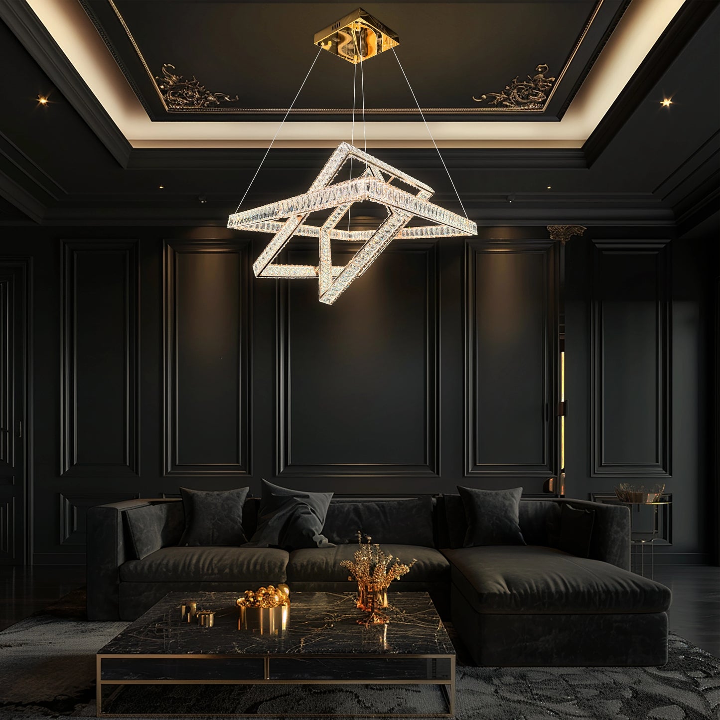  Elegant 3-tier crystal chandelier hanging in a luxury modern living room with dark interior design.