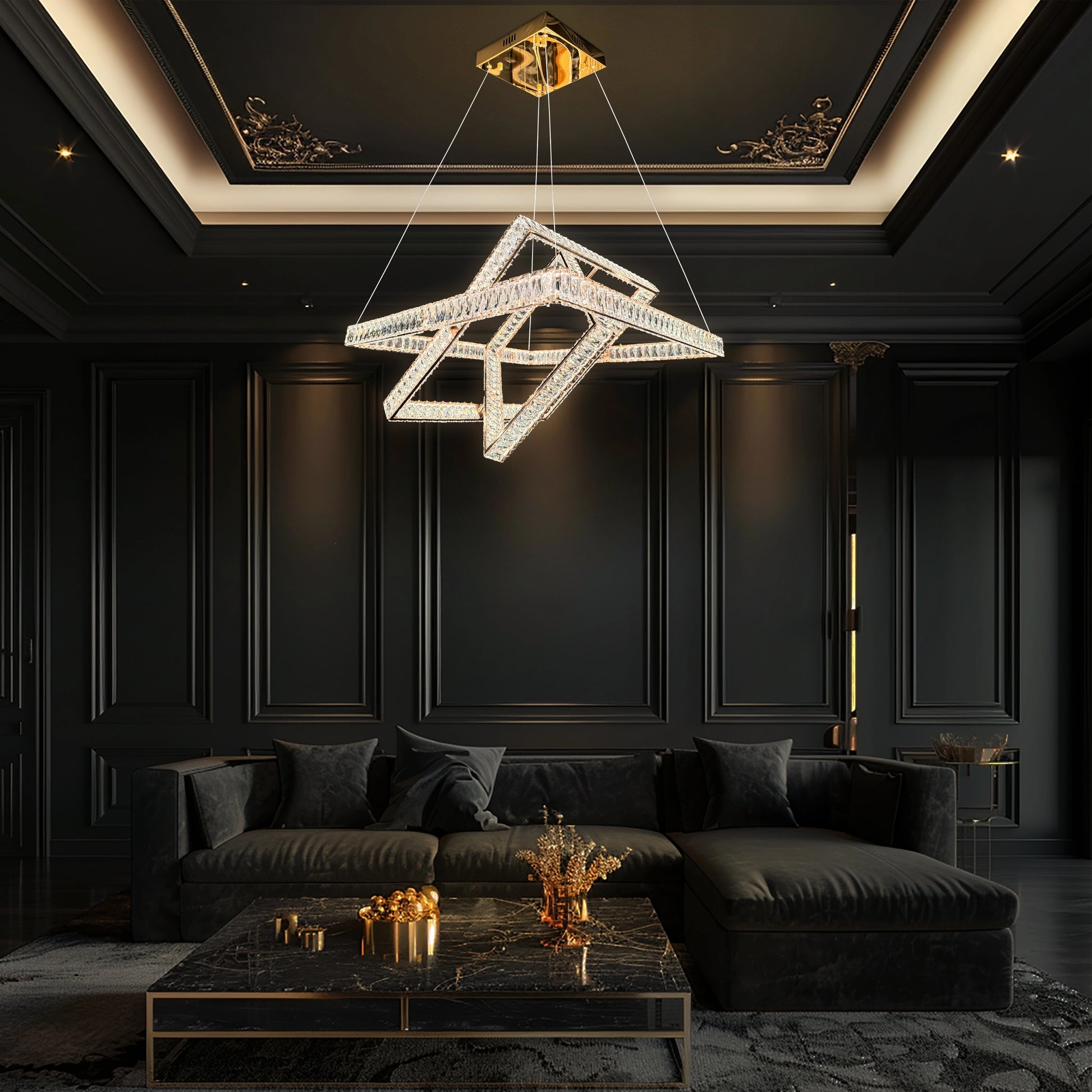  Elegant 3-tier crystal chandelier hanging in a luxury modern living room with dark interior design.