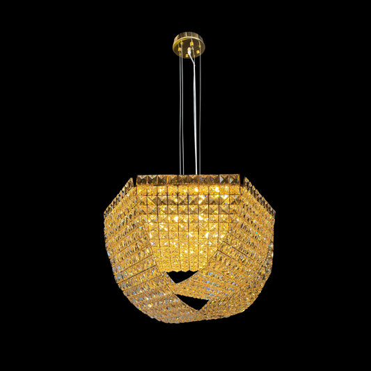 Modern luxury square chandelier featuring gold stainless steel frame and 30% full lead crystals on a black background.