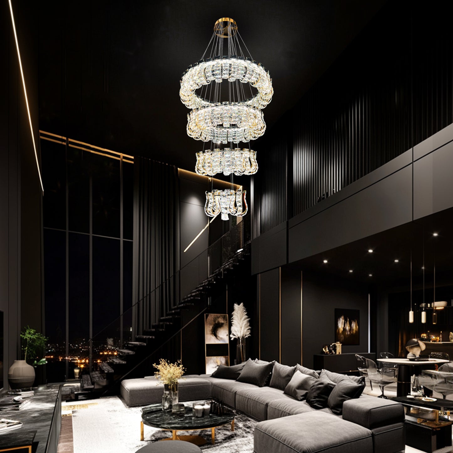 Luxury 4-Tier Dimmable gold Crystal Chandelier with Adjustable Color Temperature and Remote Control, showcased in a modern living room with tall ceilings